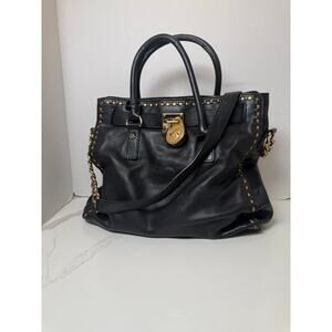 Michael Kors Whipstitch Leather Satchel Black Gold Hardware Shoulder Bag Large